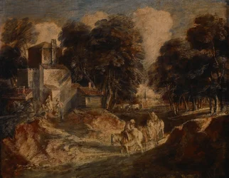Bewaldete Landschaft mit berittenen Bauern